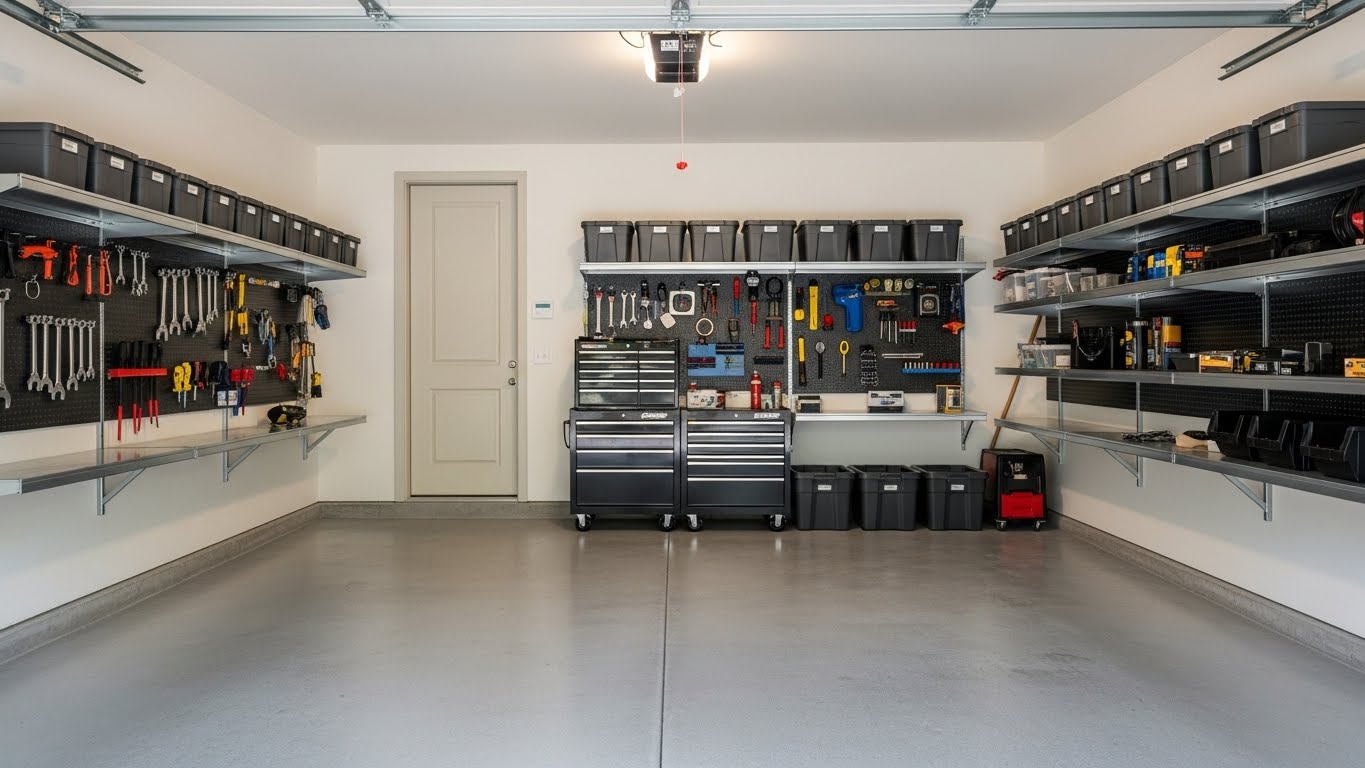 Luxury garage with overhead storage and lighting